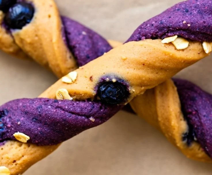 Homemade blueberry peanut butter twists for dogs on a wooden surface
