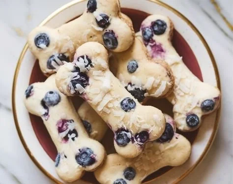 Delicious blueberry dog treats in a bowl for your furry friend.