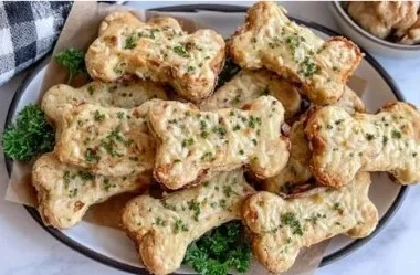 Dog treats made with chicken and rice in crunchy bone shapes