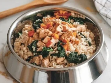 Bowl of Chicken, Spinach, and Rice dog food for a nutritious pet meal