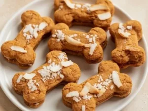Homemade Coconut and Carrot dog biscuits on a wooden surface
