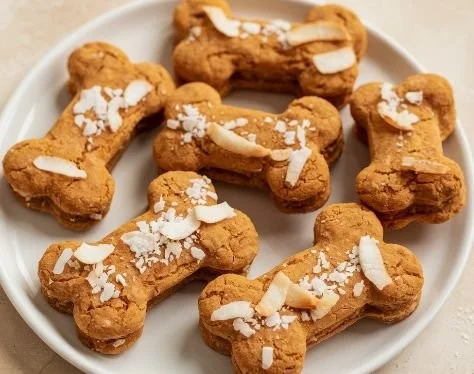 Homemade Coconut and Carrot dog biscuits on a wooden surface