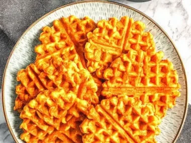 Homemade dog waffles ready to be served to a happy dog