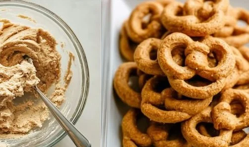 Crunchy pretzel treats for dogs in a bowl on a wooden surface