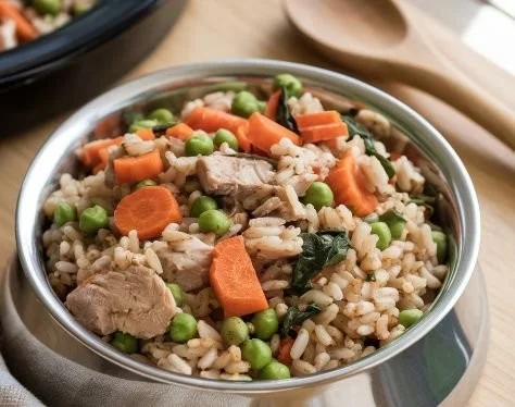 Bowl of homemade dog food made with fresh ingredients for a healthy pet diet.