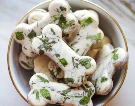 Homemade frozen mint and parsley dog treats served in a bowl