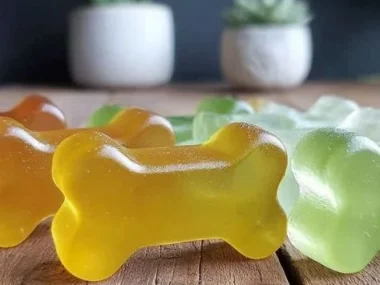 Homemade fruit gelatin bone treats for dogs in a colorful bowl