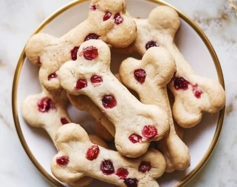 Homemade apple and cranberry dog treats in a playful shape on a wooden table.