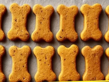 Homemade baked pumpkin dog treats on a wooden table