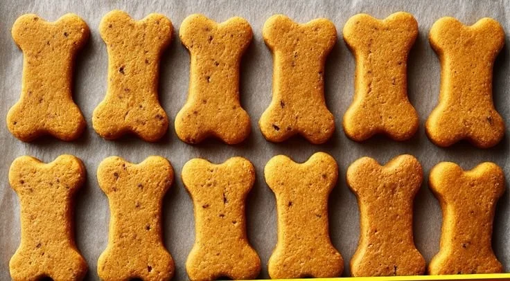 Homemade baked pumpkin dog treats on a wooden table