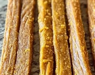 Homemade carrot and pumpkin snack sticks for dogs on a wooden table