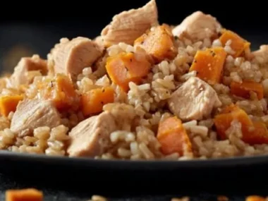 Bowl of homemade chicken and sweet potato dog food for pets