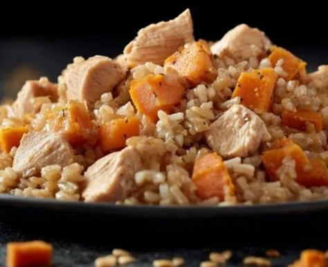 Bowl of homemade chicken and sweet potato dog food for pets