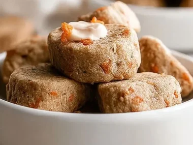 Homemade chicken dog treats in a bowl, healthy and delicious snack for dogs.