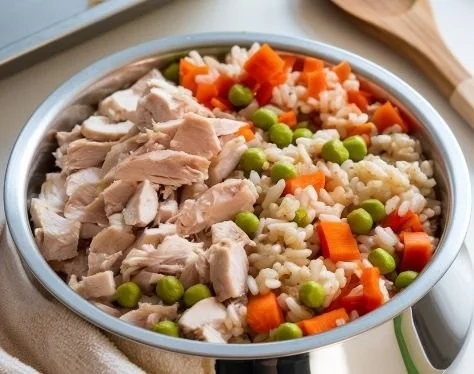 Bowl of homemade dog food with chicken and brown rice for healthy pets