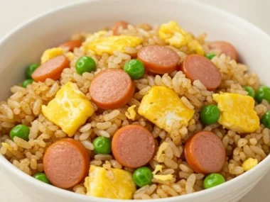 Bowl of homemade fried rice prepared for dogs with fresh ingredients.