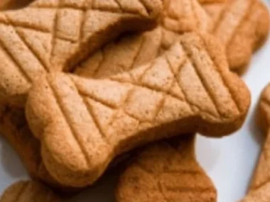 Homemade peanut butter dog treats on a wooden surface