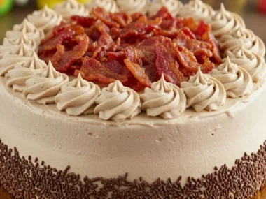 Homemade peanut butter and bacon dog cake, perfect for pet celebrations.