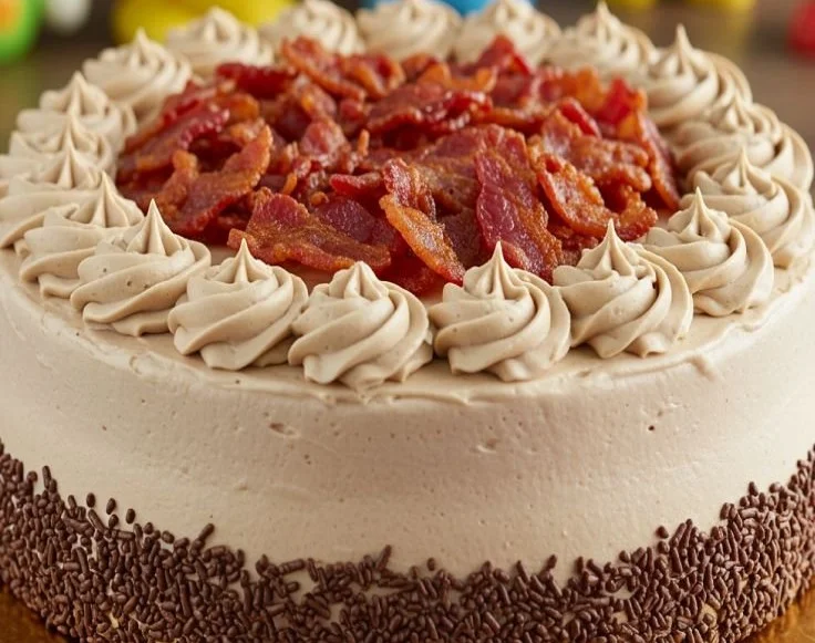 Homemade peanut butter and bacon dog cake, perfect for pet celebrations.