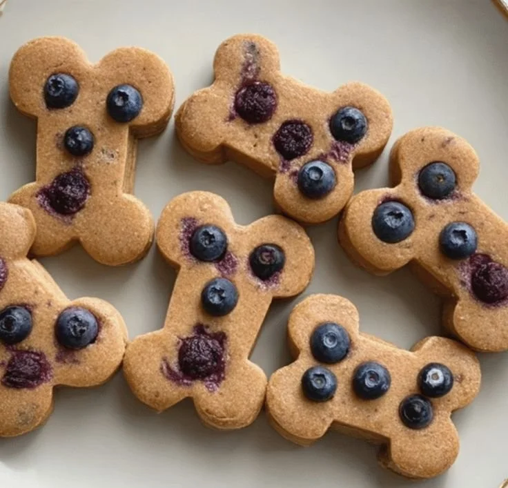 Homemade peanut butter blueberry dog treats on a wooden table