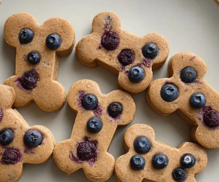 Homemade peanut butter blueberry dog treats on a wooden table