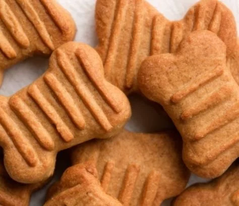 Homemade peanut butter dog treats on a wooden table