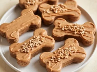 Homemade peanut butter dog treats on a rustic wooden surface
