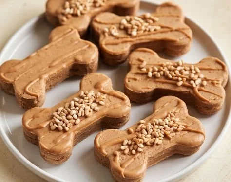 Homemade peanut butter dog treats on a rustic wooden surface