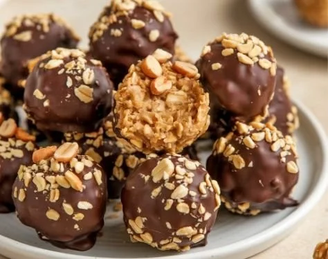 A bowl of nutritious peanut butter oat balls, a healthy snack option.