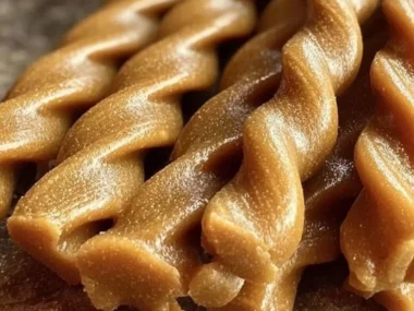 Peanut Butter Pumpkin Chew Twists on a wooden platter