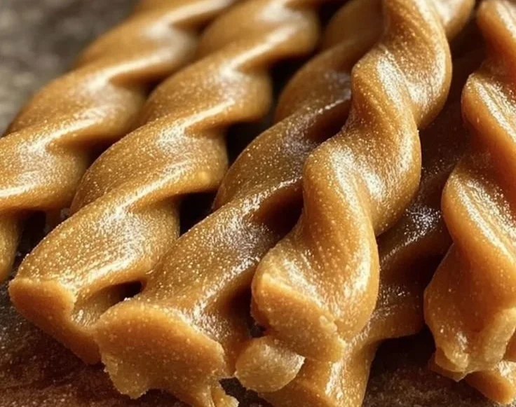 Peanut Butter Pumpkin Chew Twists on a wooden platter
