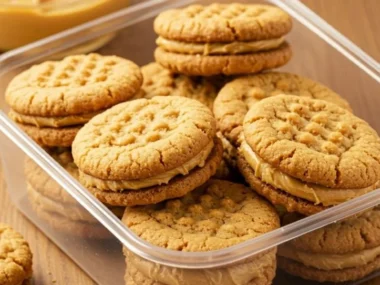 Homemade peanut butter sandwich dog treats with a dog in the background