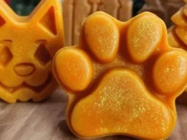 Homemade pumpkin and turmeric dog treats on a wooden surface.