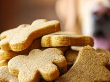 Homemade Pumpkin Banana Cookies for dogs served on a rustic wooden board.