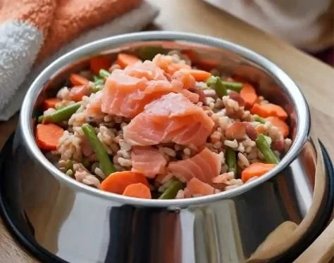 Healthy salmon and brown rice meal for dogs