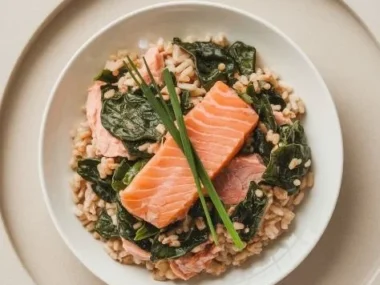 Plate of Salmon and Spinach Supreme garnished and ready to serve