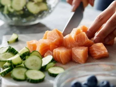 Bowl of salmon dog food featuring fresh ingredients for a healthy diet