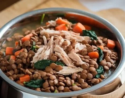 Bowl of slow-cooked chicken and lentil dog food for a nutritious meal.
