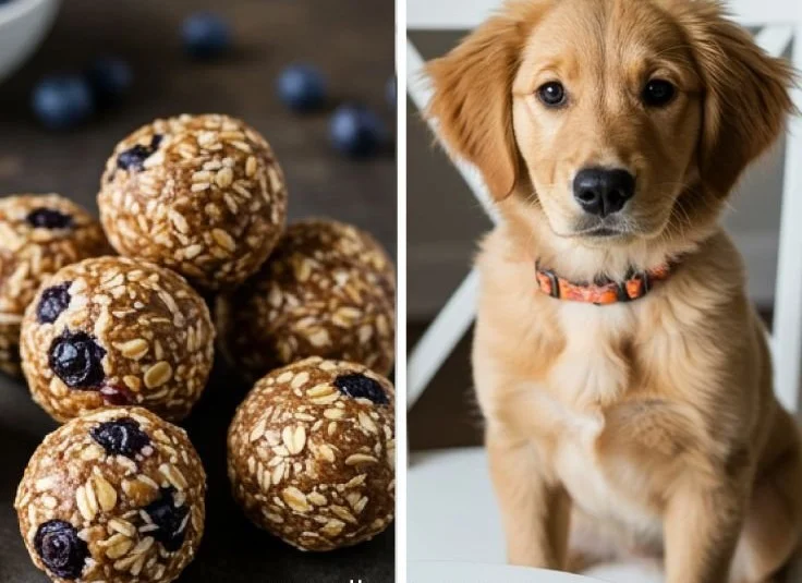 Homemade Sweet Potato Blueberry dog treats on a wooden table