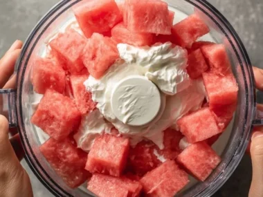 Watermelon yogurt kibbles for dogs served in a bowl