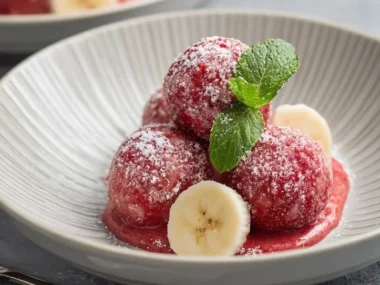 Wholesome strawberry banana frozen balls for dogs on a serving plate