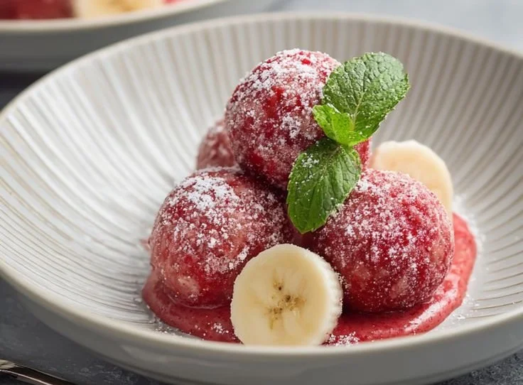 Wholesome strawberry banana frozen balls for dogs on a serving plate