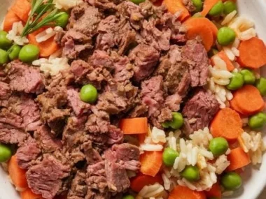 A bowl of beef and vegetable medley for a healthy dog treat
