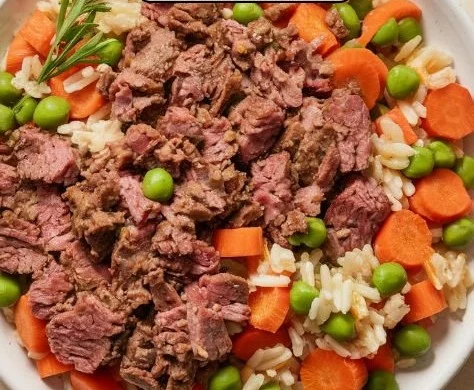 A bowl of beef and vegetable medley for a healthy dog treat