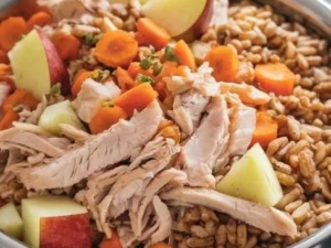 Bowl of chicken and apple dog food for healthy canine nutrition