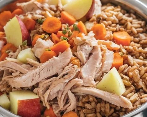 Bowl of chicken and apple dog food for healthy canine nutrition
