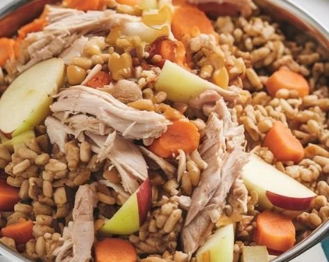 A bowl of Chicken and Apple Dog Food, featuring chunks of chicken and apple slices.