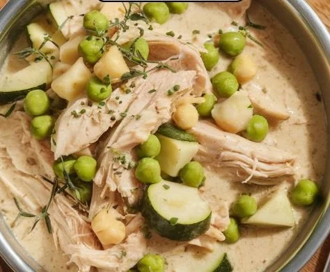 Bowl of Chicken Zucchini Dog Stew made with fresh ingredients for pets