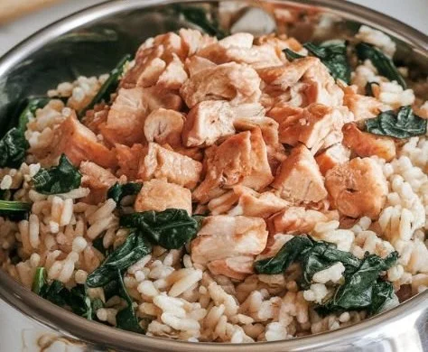 Homemade dog meal recipe with chicken, spinach, and brown rice