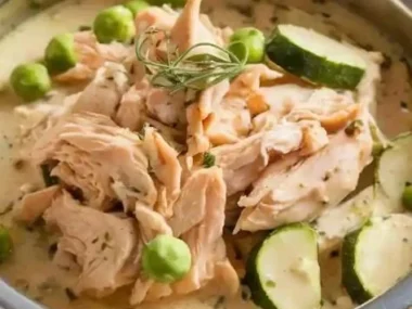 A hearty Chicken Stew with chicken, zucchini, and sweet peas in a savory broth.